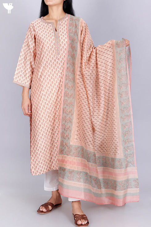 Chanderi Silk KurtaAnd Dupatta With Floral Block Print