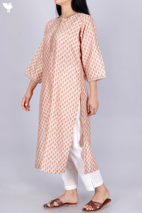 Chanderi Silk KurtaAnd Dupatta With Floral Block Print