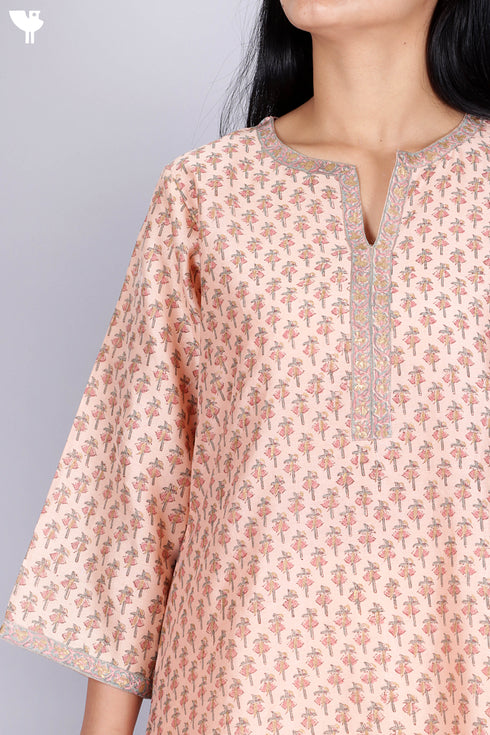 Chanderi Silk KurtaAnd Dupatta With Floral Block Print