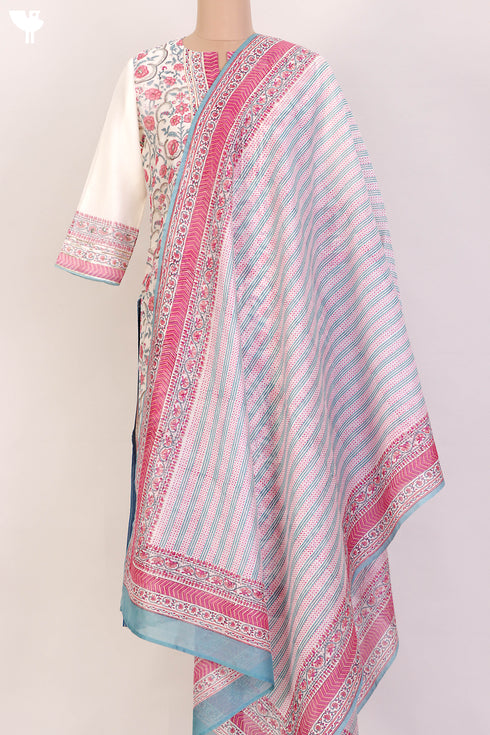 Chanderi Silk Kurta And Dupatta With Floral Block Print