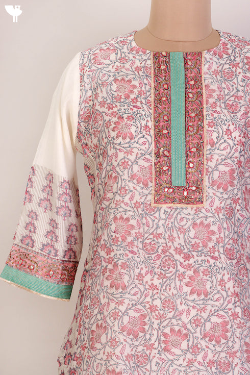 Chanderi Silk Kurta and Dupatta In Floral Block Print with Embroidery