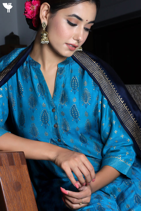 Cotton Silk Kurta With Chanderi SilkDupatta In Floral Block Print