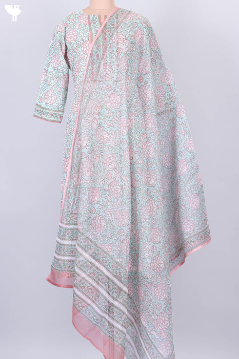 Mulmul Cotton Kurta and Kota Doria Dupatta In Floral Block Print