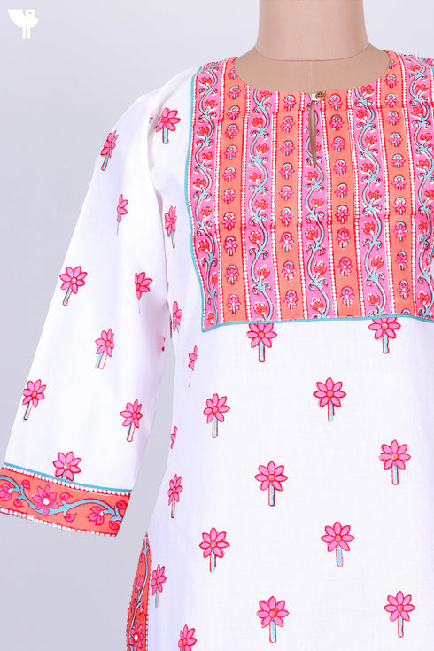 Cambric Cotton Kurta With Kota DoriaDupatta In Floral Block Print