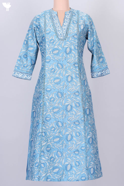 Chanderi Silk Kurta With Dupatta In Steel Blue Floral Block Print
