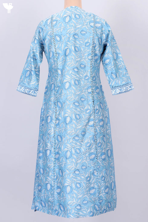 Chanderi Silk Kurta With Dupatta In Steel Blue Floral Block Print