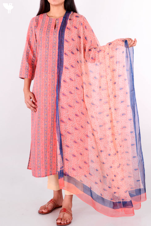 Terry Voile Kurta With Chiffon Dupatta In Block Print