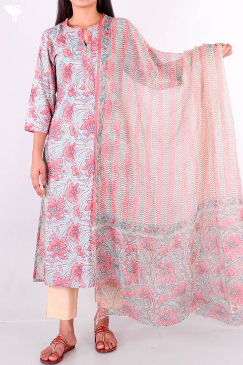 Bizzy Lizzy Kurta With Kota Doria Dupatta in Floral Block Print