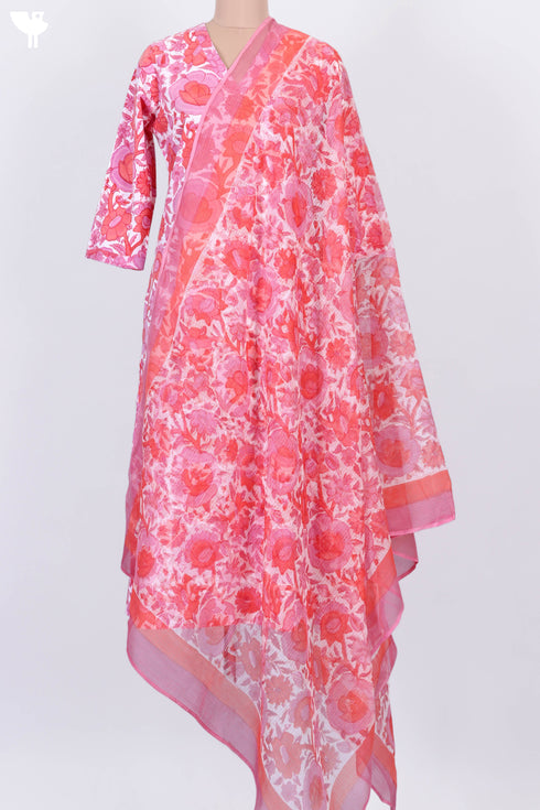 Cambric Cotton Kurta and Kota Doria Dupatta In Floral Block Print