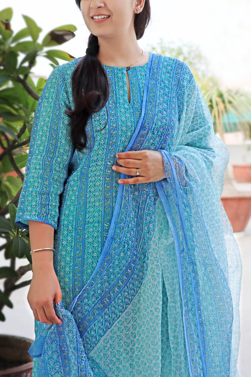 Kota Doria Kurta And Dupatta In Floral Block Print