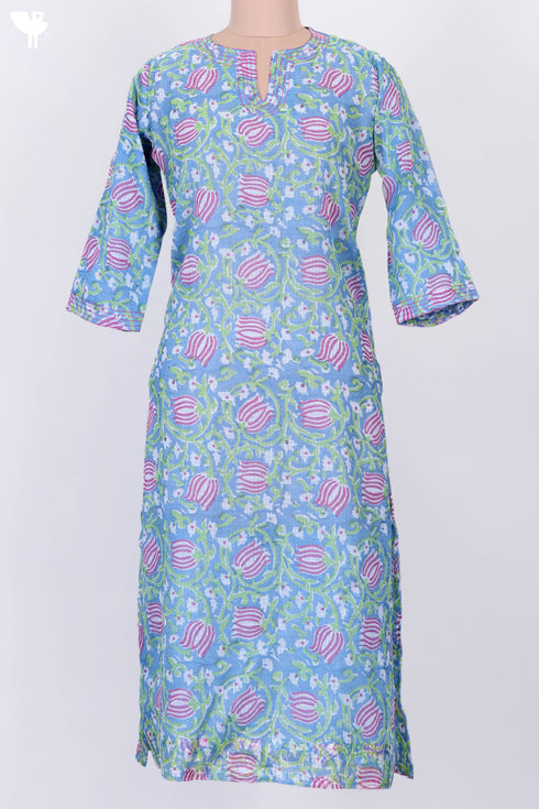 Kota Doria Kurta And Dupatta In Floral Block Print