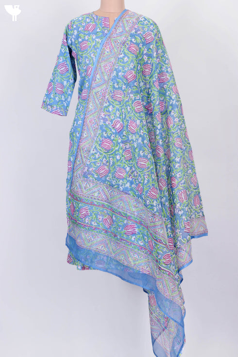 Kota Doria Kurta And Dupatta In Floral Block Print
