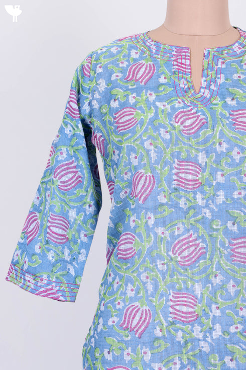 Kota Doria Kurta And Dupatta In Floral Block Print