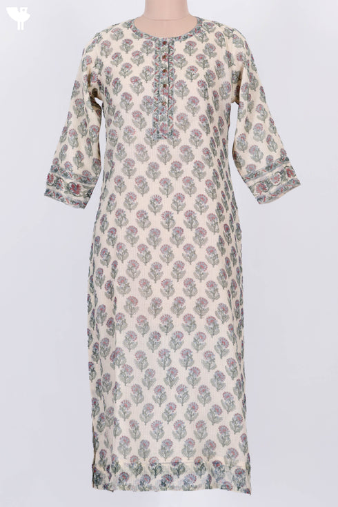 Kota Doria Kurta And Dupatta In Floral Block Print