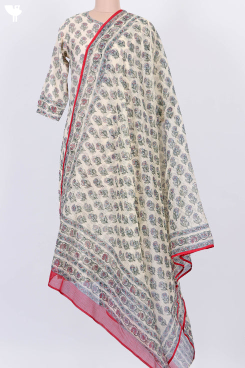 Kota Doria Kurta And Dupatta In Floral Block Print
