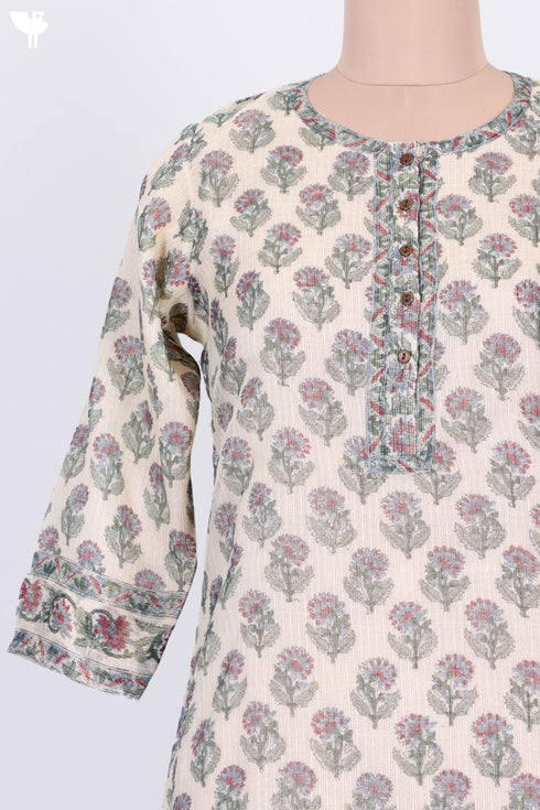 Kota Doria Kurta And Dupatta In Floral Block Print