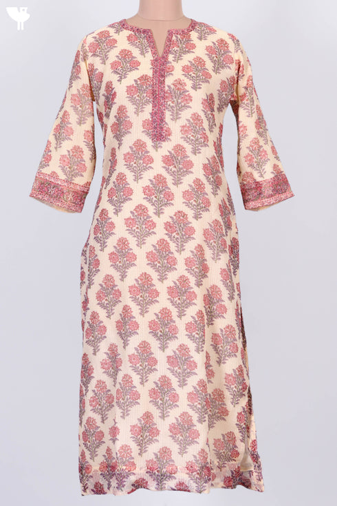 Kota Doria Kurta And Dupatta In Floral Block Print