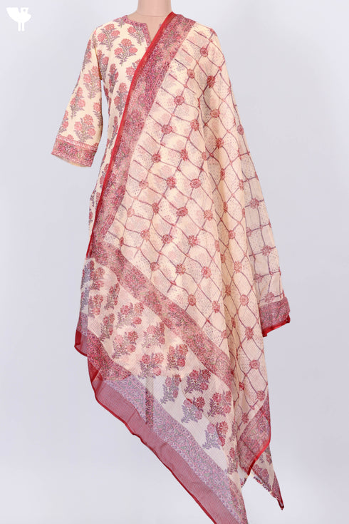 Kota Doria Kurta And Dupatta In Floral Block Print