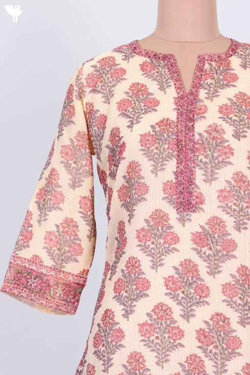 Kota Doria Kurta And Dupatta In Floral Block Print