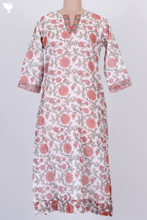 Kota Doria Kurta And Dupatta In Floral Block Print
