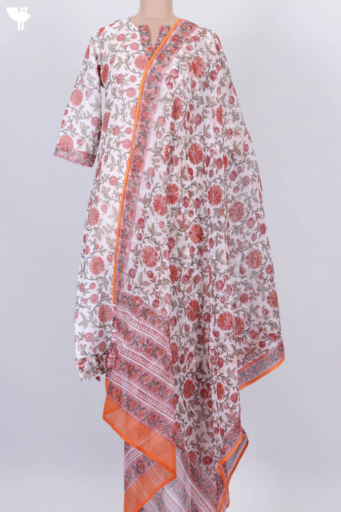 Kota Doria Kurta And Dupatta In Floral Block Print
