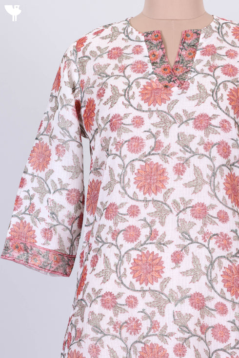 Kota Doria Kurta And Dupatta In Floral Block Print