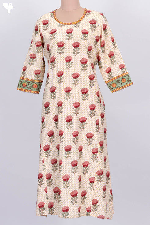 Bengal Cotton Kurta With Kota Doria Dupatta In Floral Block Print