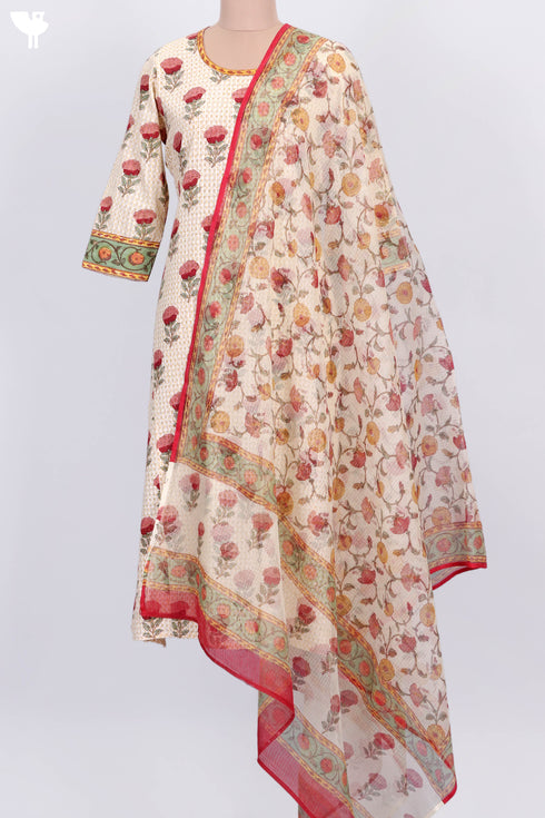 Bengal Cotton Kurta With Kota Doria Dupatta In Floral Block Print