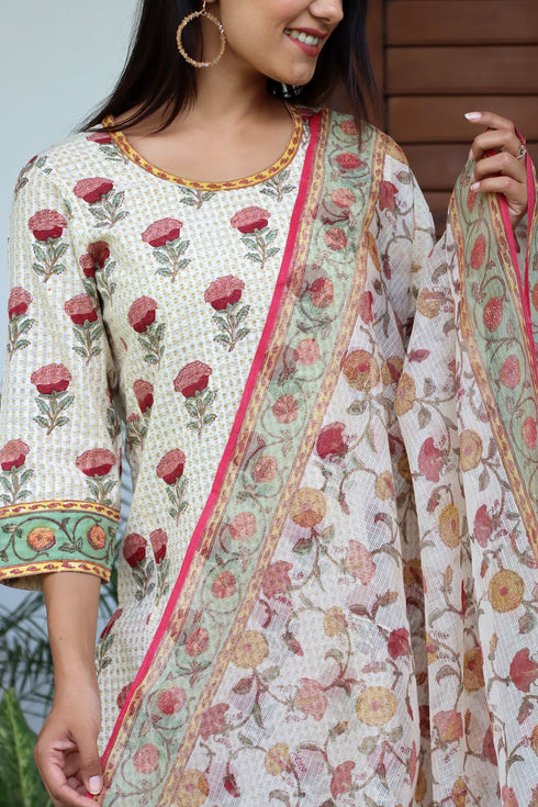 Bengal Cotton Kurta With Kota Doria Dupatta In Floral Block Print