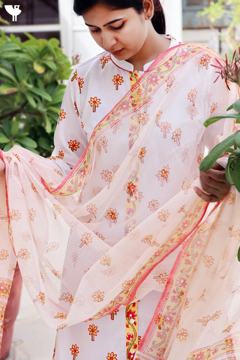 Cambric Cotton Kurta With Kota Dupatta In Floral Block Print