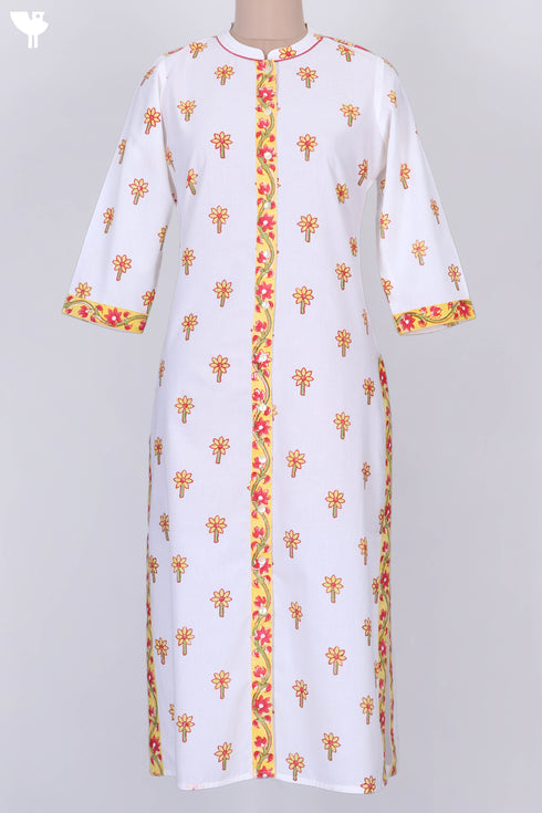 Cambric Cotton Kurta With Kota Dupatta In Floral Block Print