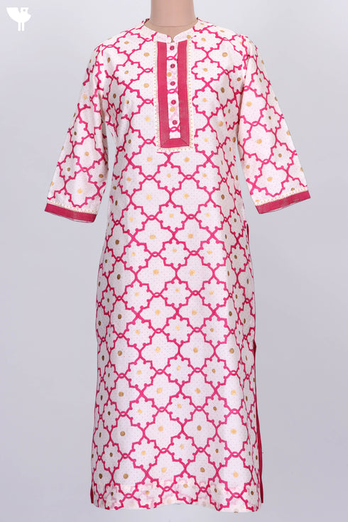 Chanderi Silk Kurta With Dupatta in GoldBlock Print