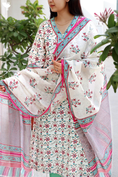 Chanderi Silk Kurta With Dupatta in FloralBlock Print