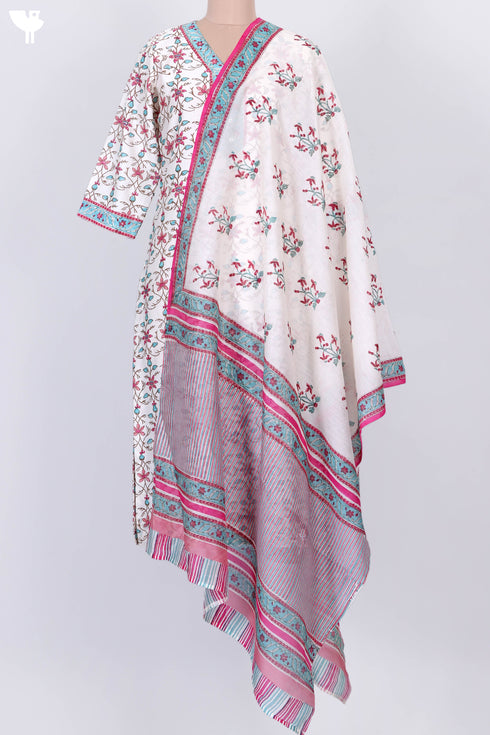 Chanderi Silk Kurta With Dupatta in FloralBlock Print