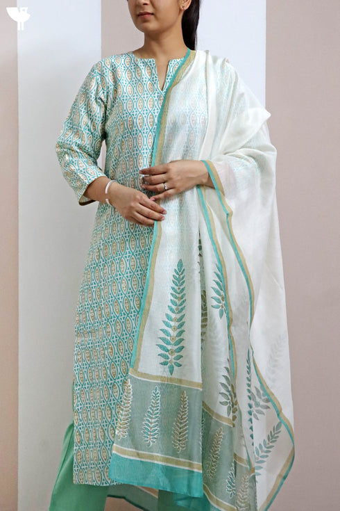 Chanderi Silk Kurta With Dupatta in GraphicBlock Print