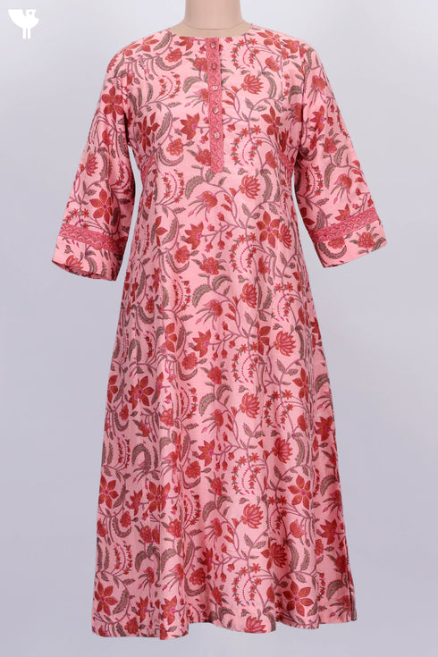 Chanderi Silk Kurta With Dupatta In Floral Block Print