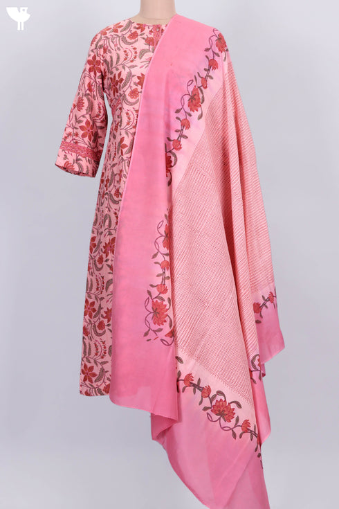 Chanderi Silk Kurta With Dupatta In Floral Block Print