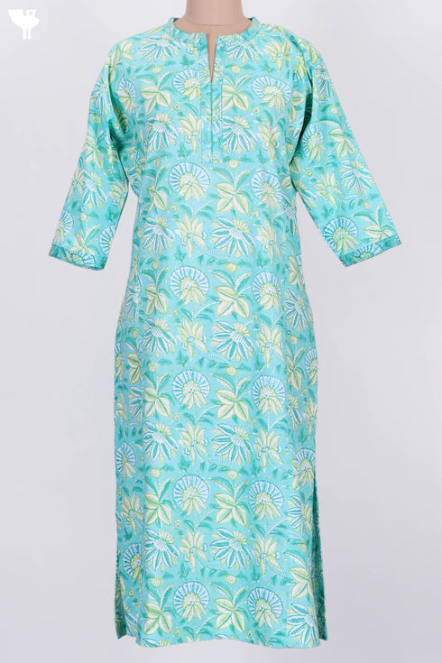 Cambric Cotton Kurta With Kota Dupatta In Floral Block Print