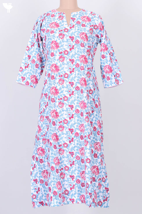 Cambric Cotton Kurta With Kota Dupatta In Floral Block Print