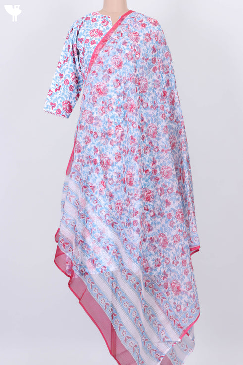 Cambric Cotton Kurta With Kota Dupatta In Floral Block Print