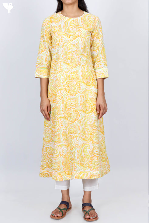 Cambric Cotton Kurta With Kota Dupatta In Paisley Block Print