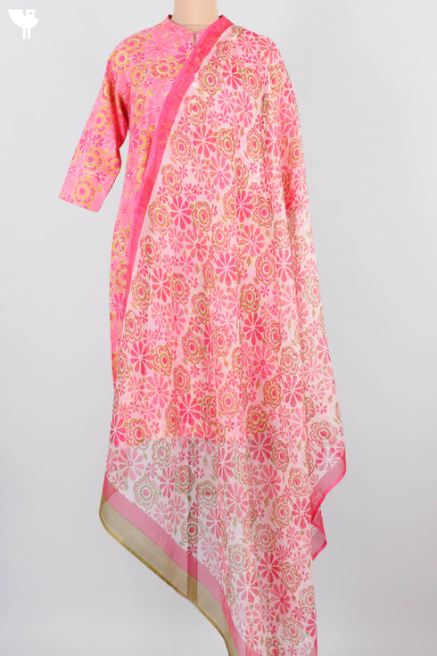 Cambric Cotton Kurta With Kota Dupatta In Floral Block Print