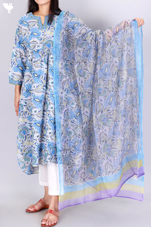 Cambric Cotton Kurta With Kota Dupatta In Floral Block Print