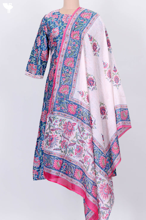 Chanderi Silk Kurta With Dupatta In Floral Block Print