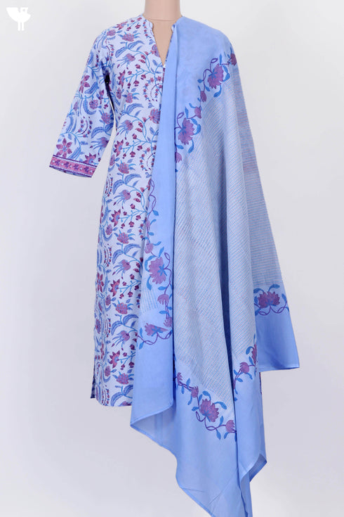 Cambric Cotton Kurta With Mulmul Dupatta In Floral Block Print