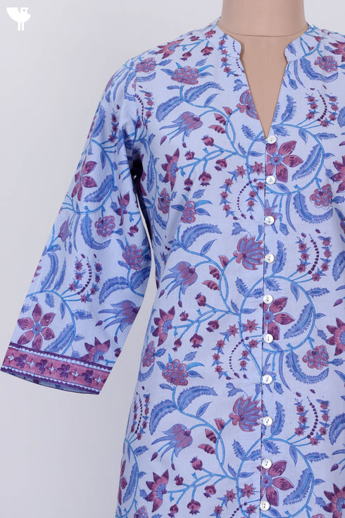 Cambric Cotton Kurta With Mulmul Dupatta In Floral Block Print