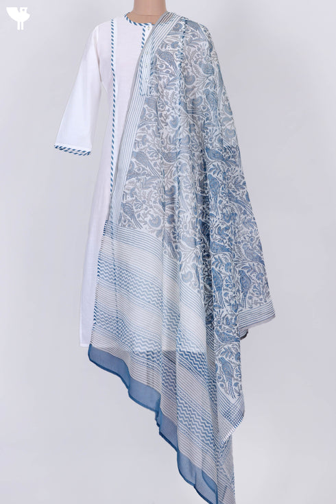 Slub Cotton Paneled Kurta With Kota Doria Dupatta In Floral Block Print