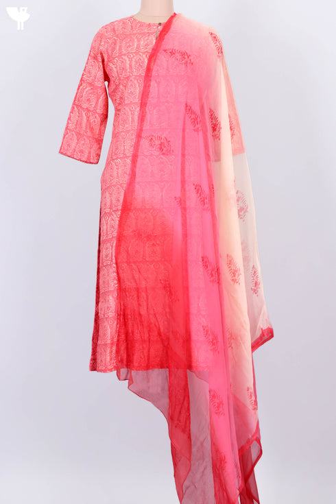 Terry Voile Paneled Kurta And Chiffon Dupatta In Block Print
