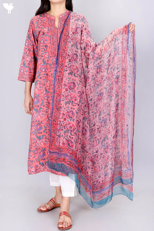 Bizzy Lizzy Kurta With Chiffon Dupatta In FloralBlock Print