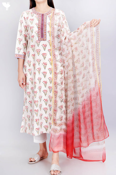 Bizzy Lizzy Kurta With Chiffon Dupatta in Assorted Block Print